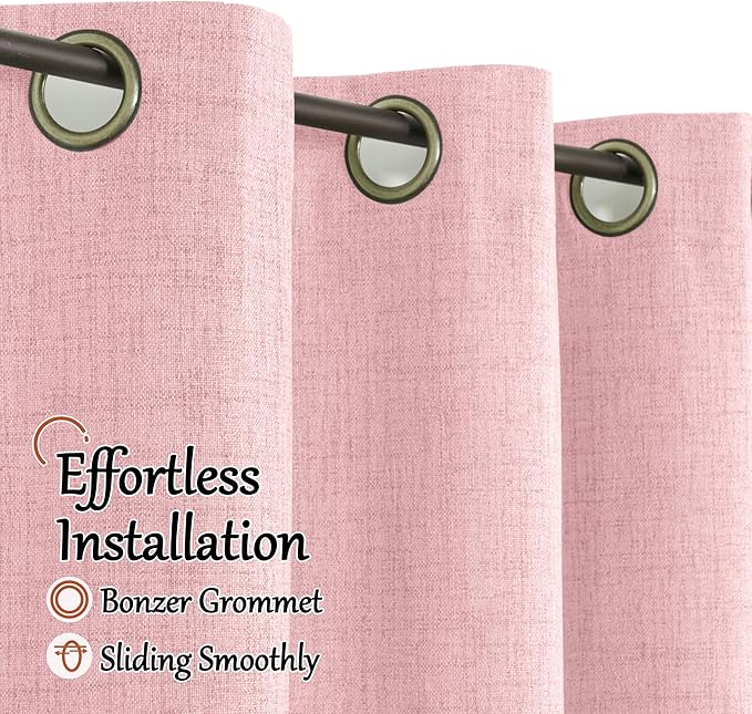 Baby Pink Linen Blackout Curtains for Nursery 72 Inch Length 2 Panels Set, Thermal Insulated Boho Total Black Out Noise Reducing Bonzer Grommets Window Curtains for Girls Bedroom, Each 52 Inch Wide