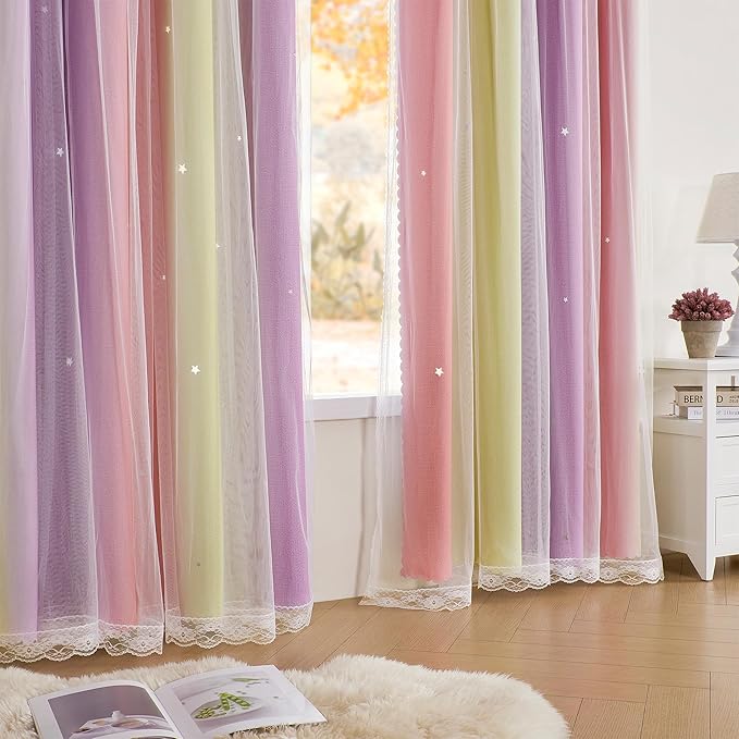 XiDi Curtains for Bedroom Decor, Rainbow Pink PurpleYellow52/45/1