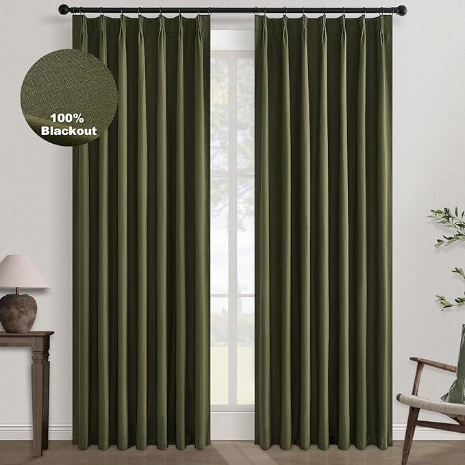 Topfinel 120 Inches Long Extra Long Olive Green Linen Curtains for Living Room,100 Percent Blackout Floor to Ceiling Pinched Pleated Boho Insulating Drapes 2 Panels for Track System,10 FT Bay Window