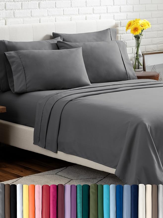 Bare Home Hotel Luxury Full XL Sheet Set, Extra Soft - 6 Piece Set - Deep Pockets - Easy Fit - Cooling & Breathable - Wrinkle, Fade, Stain Resistant - Includes 4 Pillowcases (Full XL, Grey)
