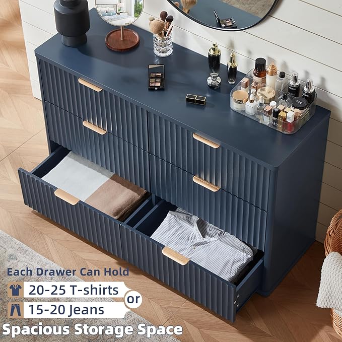 LEYAOYAO 48" Wide Fluted Dresser and 1 Drawers 23" Nightstand Set of 2, Wooden Dresser & Night Stand with Charging Station, 3 Piece Bedroom Furniture Set, Chest of Drawer for Living Room,Blue