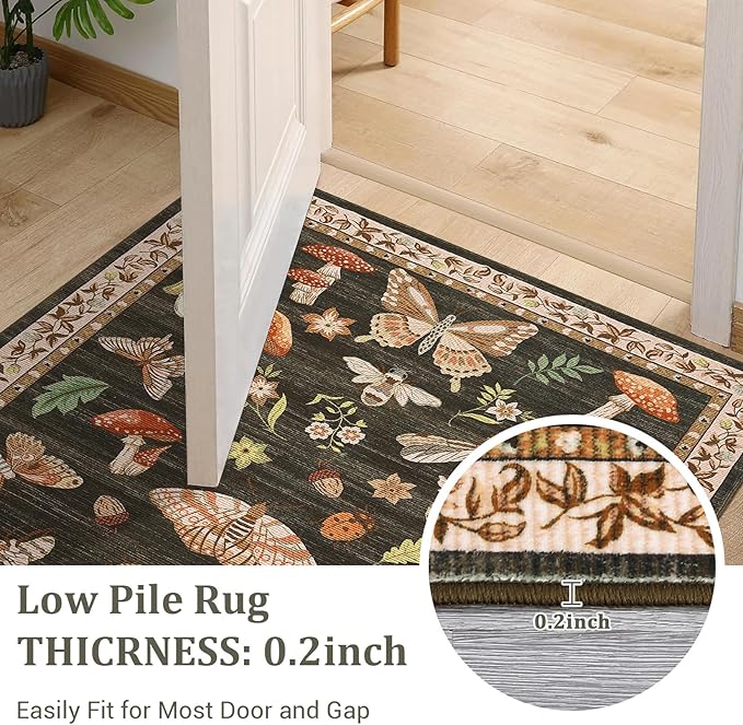 Mushroom Insect 3ft Round Rug Washable Non-Slip Soft Ultra-Thin Small Boho Circle Carpet for Entryway Kitchen Bedroom Nursery Dining Room Brown