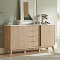 T4TREAM Fluted Buffet Cabinet, 60" Modern Sideboard with Sliding Doors & 4 Drawers, Coffee Bar Table with Storage, Faux Marble Top and Curved Profile Design for Dining Room, Living Room, Natural Oak