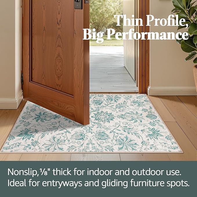 jinchan Torino Runner Rugs 2x6 Vintage-Inspired Floral Design Machine Washable Non-Slip Ultra-Thin Low Pile Rubber Backing Runner Rug for Kitchen Hallway Laundry Room Entryway
