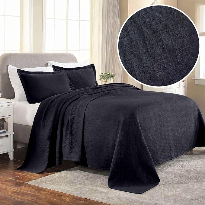 Superior 100% Cotton Basket Weave Bedspread with Shams, All-Season Premium Cotton Matelasse Jacquard Bedding, Quilted-Look Geometric Basket, Full, Navy Blue