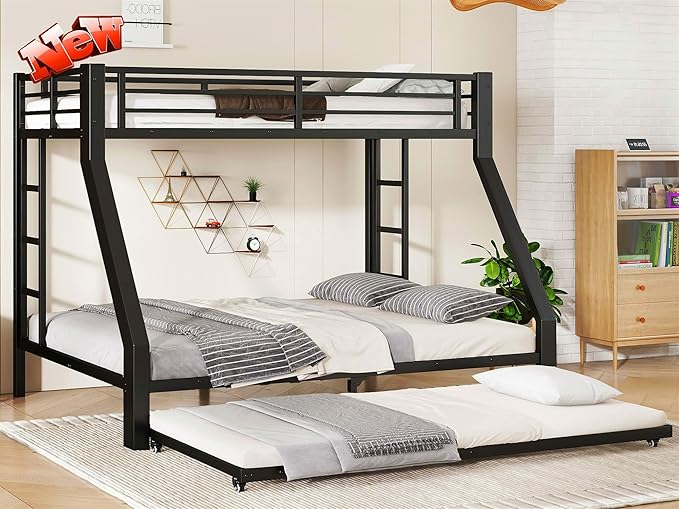 LUXIEE Upgraded & Stronger Heavy Duty Steel Twin XL Over Queen Bunk Bed Frame, More Stable Safer Thickened Metal Bunkbeds with Twin Size Trundle (Twin XL Over Queen)