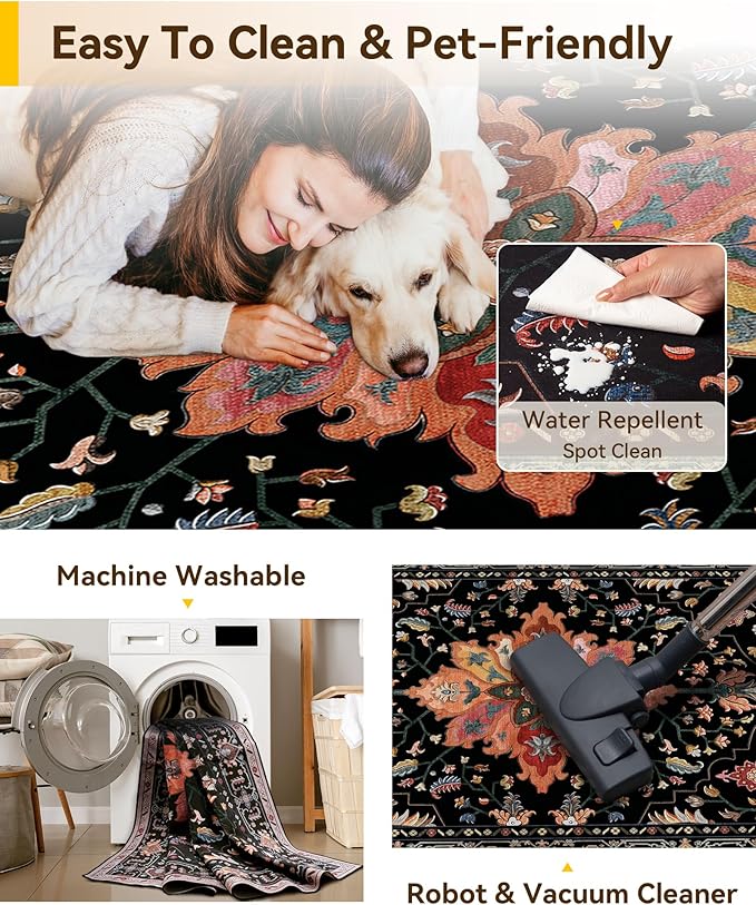 Area Rugs 2'x10' Washable Non-Slip, Floral Vintage Distress Print Pattern Medallion Carpet for Living Room Bedroom Dining Room, Black Colorful Floral Dark Tan