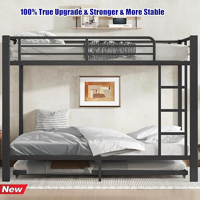 TSAMPA Latest Upgraded & Stronger Metal Bunk Bed Full Over Full Size, More Stable & Safer Steel Heavy Duty Bunkbed Frame with Twin Size Trundle (Full)