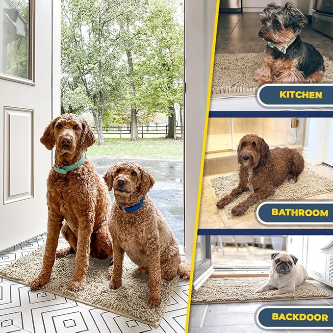 Muddy Mat® Shown on TV – Super Absorbent Microfiber Dog Door Mat for Muddy Paws, Non-Slip Washable Pet Rug, Quick Dry Chenille Entryway Carpet, Machine Washable Indoor Outdoor mat, Beige 30"x19"