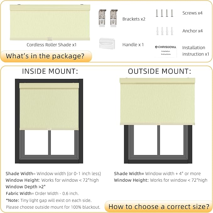 ChrisDowa Cordless Blackout Roller Shades for Windows, Striped Free-Stop Window Blinds with Privacy, Thermal Insulated Window Shades for Home, Office and Door. Beige, 63" W x 72" H