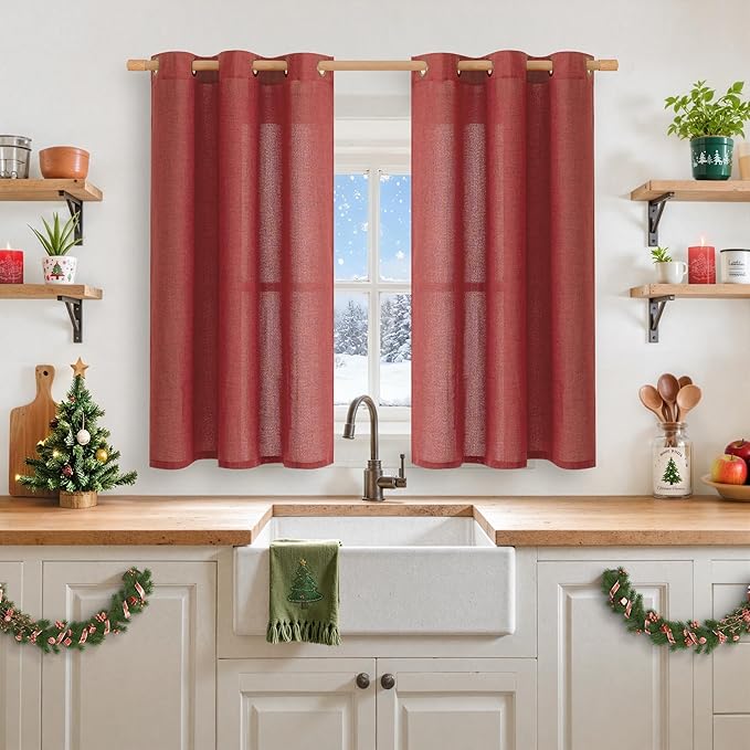 YoungsTex Red Linen Curtains 45 Inch Length, Short Light Filtering Drapes with Bronze Grommet Semi Sheer Privacy for Kitchen Living Room Window Lightweight, 42 x 45 Inch, 2 Panels