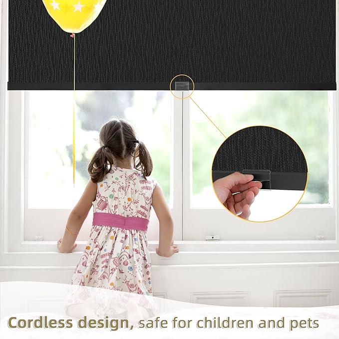 ChrisDowa Cordless Blackout Roller Shades for Windows, Striped Free-Stop Window Blinds with Privacy, Thermal Insulated Window Shades for Home, Office and Door. Black, 27" W x 72" H