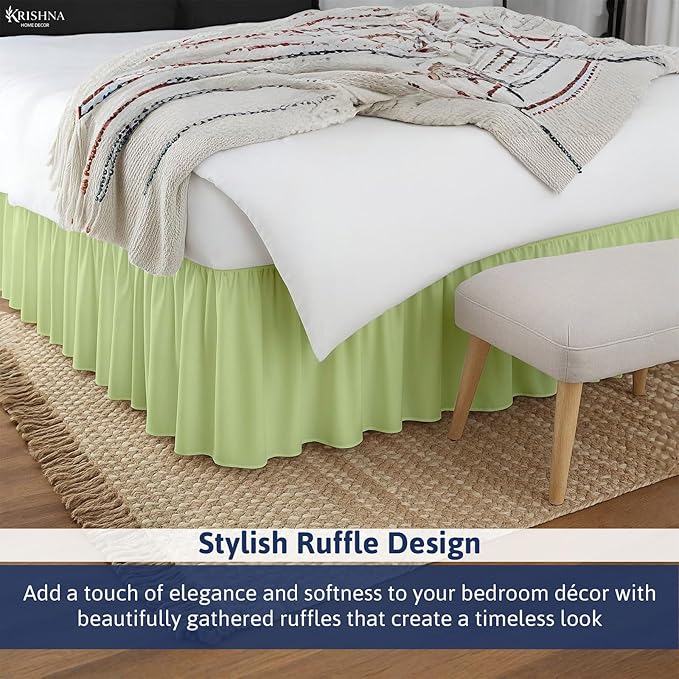 KRISHNA Ruffled Bed Skirt with Split Corners Twin, 100% Microfiber Hotel Quality, 10 Inch Drop Dust Ruffle Gathered Bedskirt with Platform, 39" x 75", Sage
