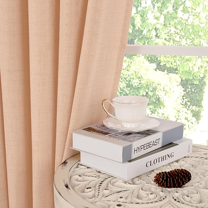 YoungsTex Peach Linen Curtains 63 Inches Length for Living Room - Textured Coral Semi Sheer Drapes with Bronze Grommet Light Filtering for Bedroom Kitchen Office Lightweight, 52 x 63 Inch, 2 Panels