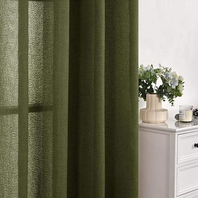 YoungsTex Olive Linen Curtains 45 Inch Length 2 Panels, Dark Green Short Drapes Semi Sheer with Bronze Grommet Light Filtering for Living Room Windows, 42 X 45 Inch