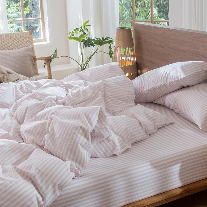 MooMee Striped Duvet Cover Set 100% Washed Cotton Linen Like Textured Breathable Durable Soft Comfy (Heathered Greyish Pink Classic Stripes, Oversized Full 82"x86")