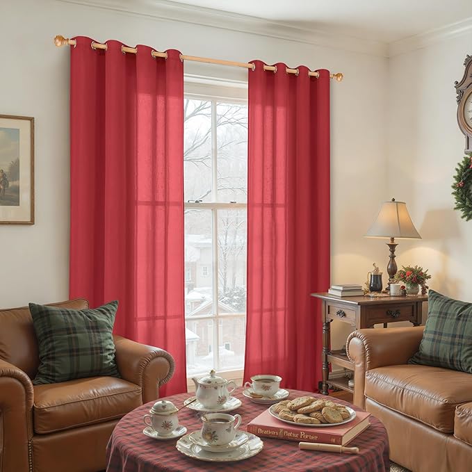 YoungsTex Red Linen Curtains 95 Inches Length for Living Room, Light Filtering Drapes Privacy with Grommet for Christmas Bedroom Dining Room, 2 Panels, 52 X 95 Inch