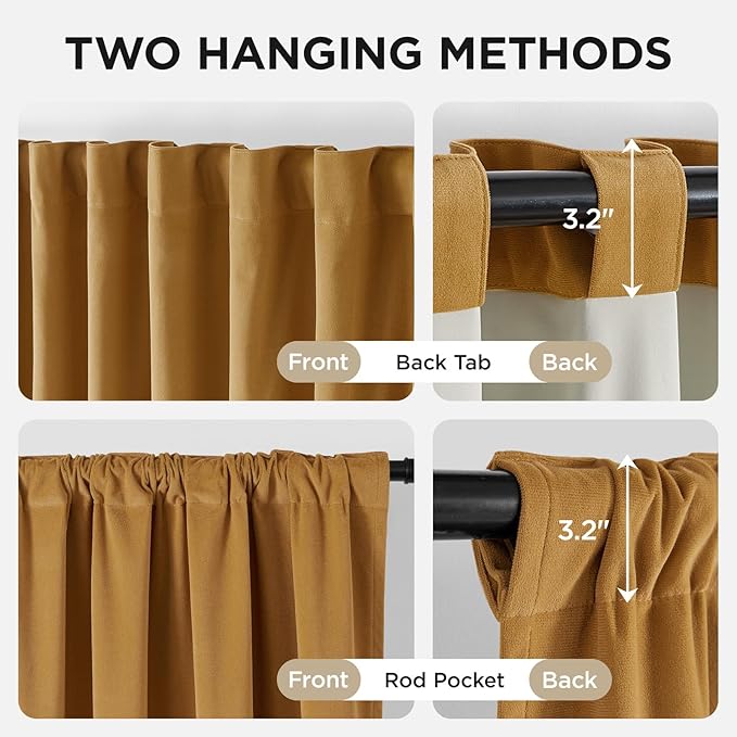 Joydeco Mustard Yellow 100% Blackout Curtains 84 Inch 2 Panels, Luxury Thermal Yellow Velvet Curtains for Bedroom Living Room, Soundproof Blackout Window Drapes, Rod Pocket & Back Tab (52W x 84L)