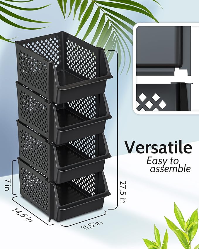 TidyFriend Stackable Storage Bins for Pantry Organizers and Storage 4 Pack, Pantry Storage for Food, Kitchen and Home Organization (Black)