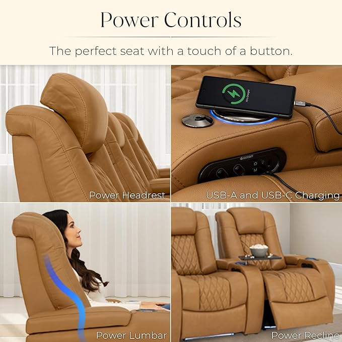 Seatcraft Diamante Zero-Gravity CoolZero Italian Leather Home Theater Seating, Power Headrest, Power Recline, Row of 3 Sofa, Tan Oak