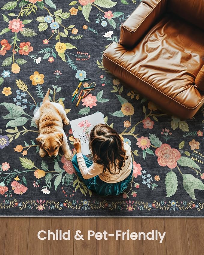 Amada 5x7 Area Rugs, Non-Slip & Low-Profile Living Room Rug with Reinforced Edge Binding, Soft Large Washable Boho Floral Rugs for Living Room, Bedroom, Dining Room