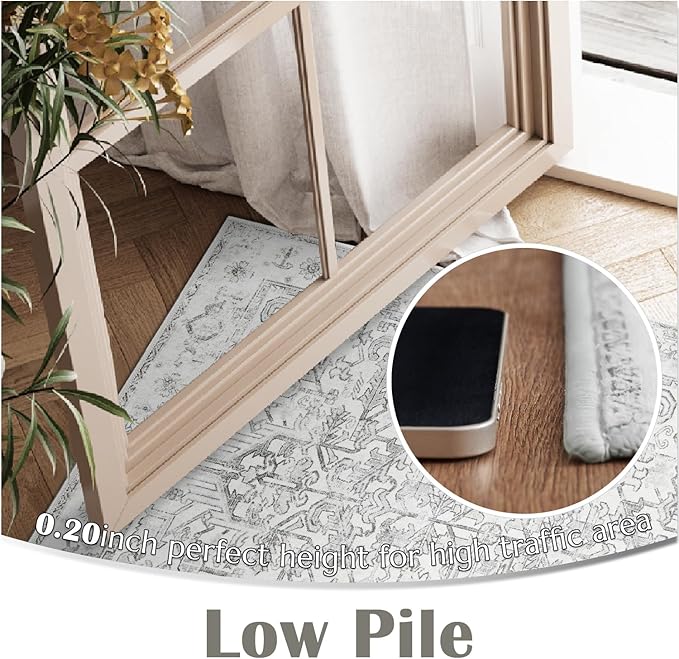 jinchan Lima 6x9 Area Rug for Living Room Washable Soft Throw Rug Ultra-Thin Stain Resistant Non-Slip Distressed Vintage Floral Large Carpet for Bedroom Dining Room Home Office Nursery (6x9ft, Grey)