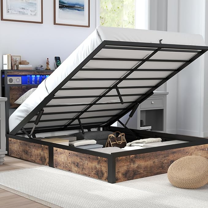 Full Size Lift Up Storage Bed Frame with Charging Station, 2 Tier Wood Storage Headboard with Led Lights, Heavy Duty Metal Slats Support/Hydraulic Storage/Noise-Free/Brown