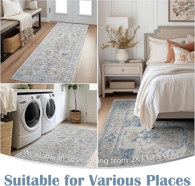 jinchan 3x5 Machine Washable Area Rugs for Entryway - Distressed Vintage Floral Ultra-Thin Low-Pile Soft Non-Shedding Indoor Floor Carpet for Kitchen Bedroom Entrance Laundry Living Room(3x5ft, Blue)