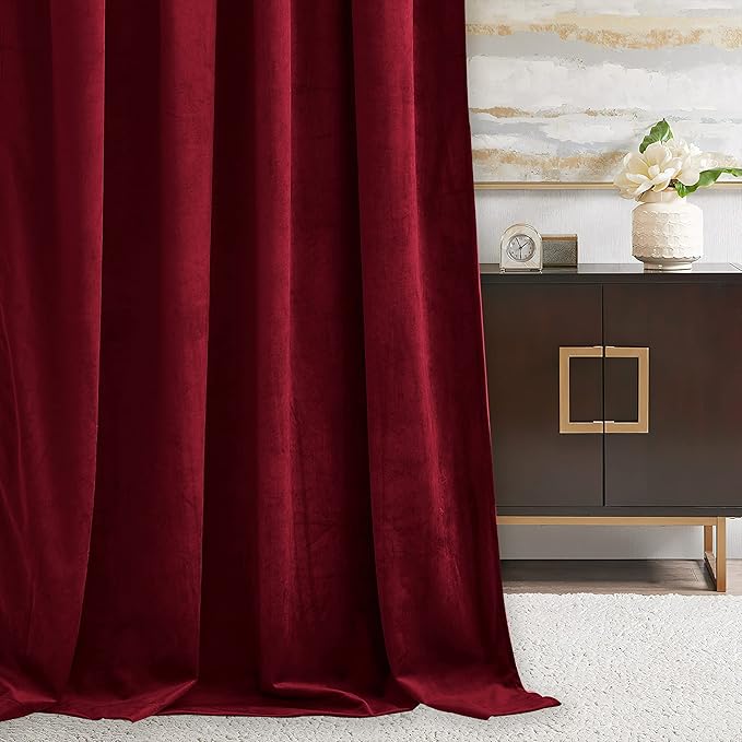 RYB HOME Red Velvet Curtains 94 inches, Back Tab Soft Fabric Room Darkening Thermal Insulated Luxurious Home Decor Curtains for Living Room Bedroom, W 52" x L 94", 2 Panels Set