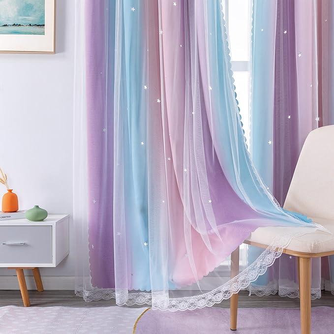 XiDi Curtains for Bedroom Decor, Rainbow Pink Purple/42/84