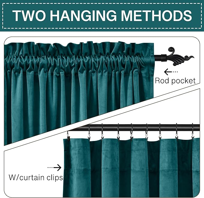 StangH Teal Velvet Blackout Curtain Panels Vintage Style Privacy Farmhouse Curtains Thermal Insulated Curtains for Sliding Glass Door/Guest Room, 52 x 96-inch, 2 Pcs