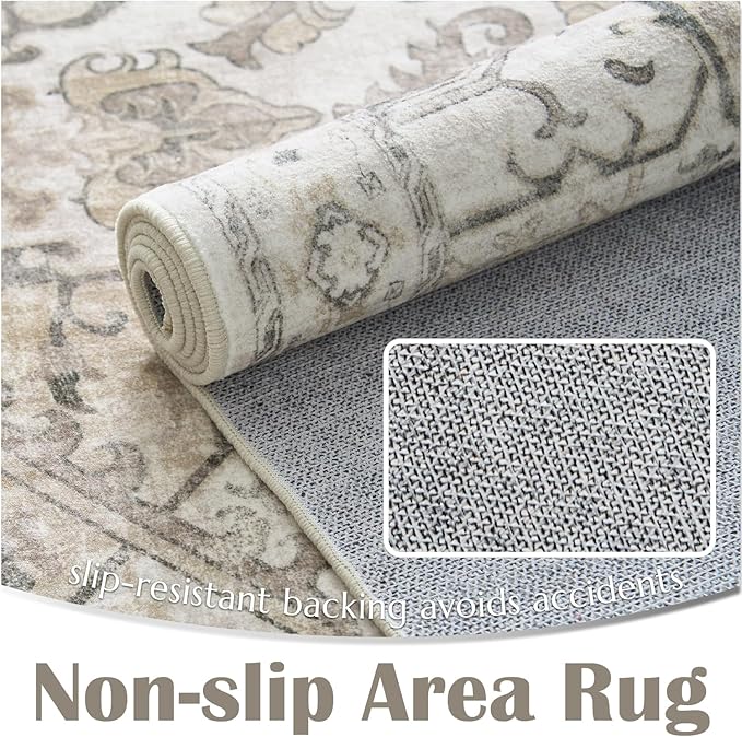 jinchan Runner Rug 2x5 Machine Washable Hallway - Vintage Floral Non-Slip Low-Pile Soft Ultra-Thin Kitchen Rug Distressed Carpet Runner for Farmhouse Bedroom Entryway Laundry Room(2x5ft, Taupe)