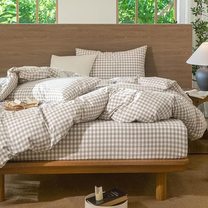 MooMee Gingham Duvet Cover Set 100% Washed Cotton Linen Like Textured Breathable Durable Soft Comfy Modern Checkered Design (Tannish Linen Grey Gingham, Palatial King/Oversized King 120"x98")