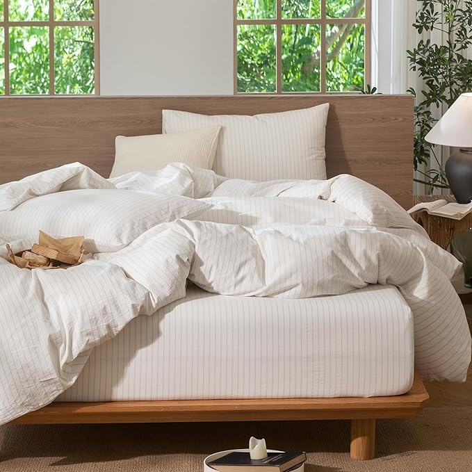 MooMee Striped Duvet Cover Set 100% Washed Cotton Linen Like Textured Breathable Durable Soft Comfy (White Almond Milk Grey Wide Stripes, Super King Plus 120"x120")