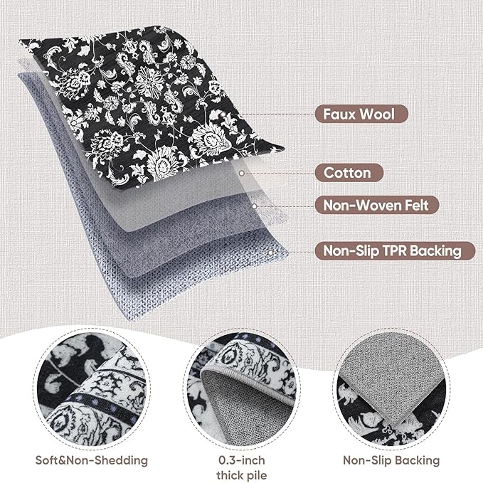 3x12 Machine Washable Floral Rugs: Long Runner Rugs for Hallways Non Slip Waterproof Carpet Runner Soft Vintage Low Pile Floral Rug for Kitchen Bedroom Bathroom Dining Living Room Black White