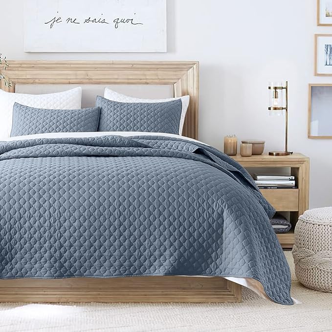 HORIMOTE HOME Quilt Queen Size Dusty Blue, Lightweight Quilts for Summer Ultra-Soft Microfiber Modern Style Quilted Clouds Pattern Bedspread Quit Set 3 Pieces(1 Quilt and 2 Pillow Shams)