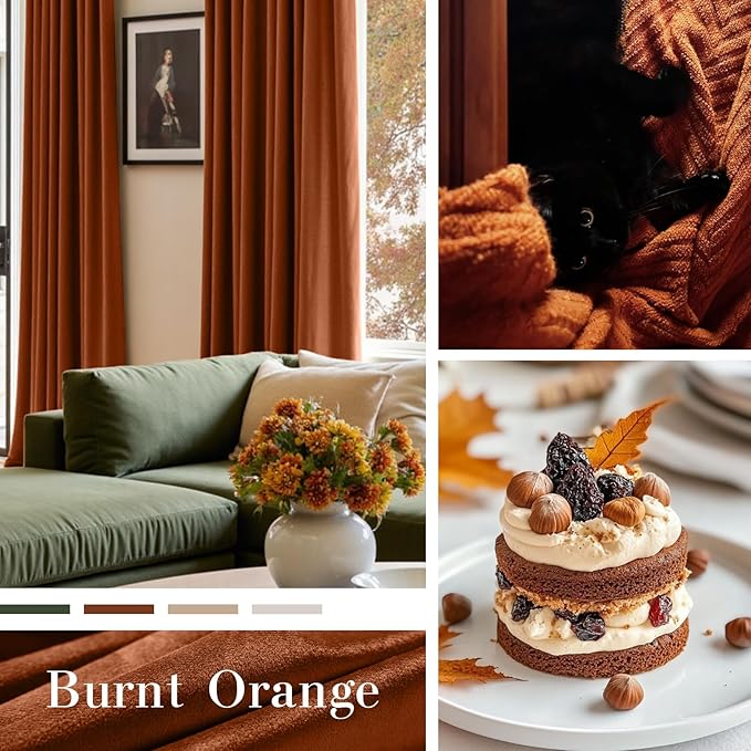 Lazzzy Burnt Orange Blackout Velvet Curtains 96 Inches Long Thermal Insulated Room Darkening Curtain Drapes Luxury Back Tab Window Treatments for Bedroom Living Room 2 Panels, 52 x 96 Inch, Caramel