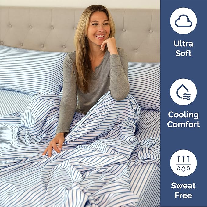 Queen 6 Piece Sheet Set - Cooling, Comfy & Breathable - Hotel Luxury Bedding, Includes Fitted Sheet for Women, Men, Kids & Teens - 1 Flat, 1 Fitted Sheet, 4 Pillowcases w/Deep Pockets - Blue Stripes