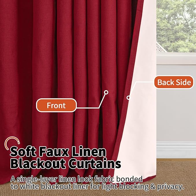 Red Christmas 100% Linen Blackout Curtains 63 Inch Long 2 Panels, Thick Heavy Thermal Insulated Cold Blocking Noise Reducing Window Curtains for Winter Decoration, Each 52x63 Inch 2 Panels