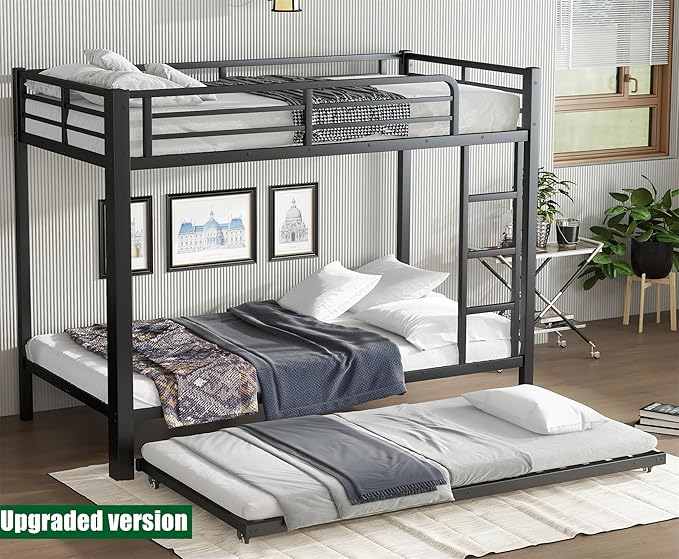 Upgraded & Stronger Heavy Duty Metal Twin XL Over Twin XL Bunk Bed with Trundle for Adults & Teens, Thickened More Stable Safer Bunkbeds (Greater Weight Capacity)