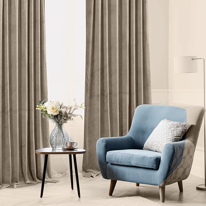 StangH Camel Beige Curtains 90 inches Long Luxury Soft Velvet Thermal Insulated Privacy Assured Curtain Panels for Sliding Door Dining Room Closet, W42 x L90, 2 Panels