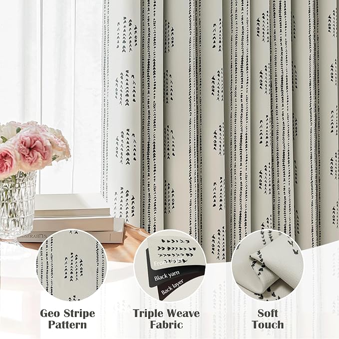 100% Boho Blackout Curtains 96 Inches Long for Bedroom, Black on Beige Patterned Bohemian Curtains for Living Room, Geometric Striped Thermal Insulated Window Drapes Gromment Top 2 Panels