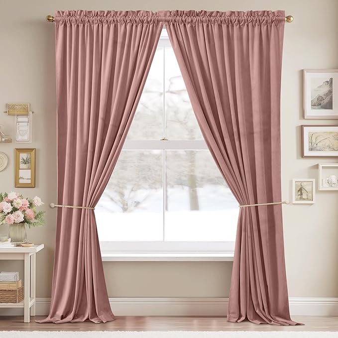 StangH Pink Curtains 96 inches Long, Super Soft Velvet Window Drapes Rod Pocket Thermal Insulated Home Decoration for Girls Room/Dressing Room/Office, W52 x L96, 2 Panels