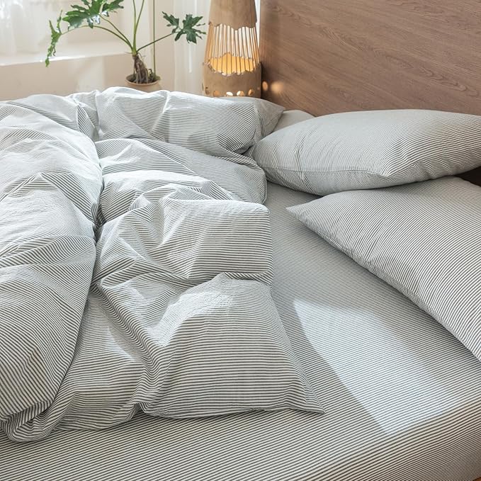 MooMee Striped Duvet Cover Set 100% Washed Cotton Linen Like Textured Breathable Durable Soft Comfy (Heathered Green Pinstripes, Palatial King/Oversized King 120"x98")