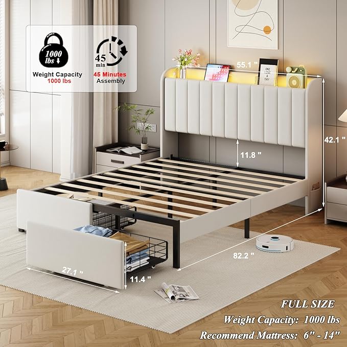 Full Size Bed Frames with Storage Headboard and 2 Drawers, Upholstered Platform Bed Frame Full with Led Lights and Handy Charging Station, No Box Spring Needed, Easy Assembly, Noise Free, Beige