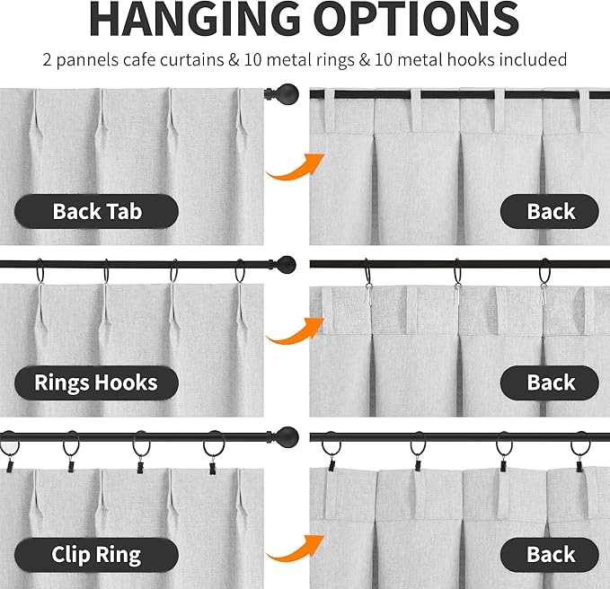 WdFour 24x30 Inch Pinch Pleated Blackout Cafe Curtains - Pack of 2, 100% Light Blocking Back Tab Drapes for Half Windows, Kitchen & Bathroom Short Curtains (Greyish White)