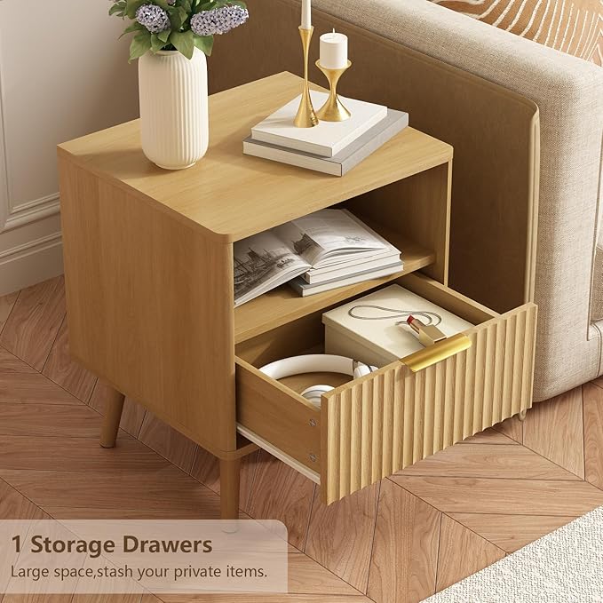 CARPETNAL Fluted Nightstand Set of 2, Oak Bedside Table with Drawer and Storage Shelf, Wood End Table Mid Century Night Stands for Bedroom Living Room