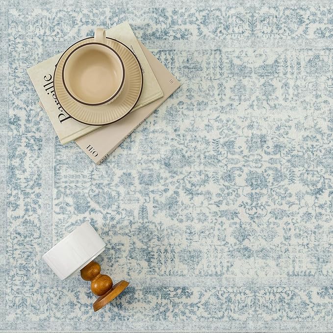 Blue Entryway Area Rug 2x3 Door Mat Machine Washable Kitchen Vintage Distressed Non Slip Carpet Indoor Retro Floral Accent Throw Small Rug for Bathroom Office Bedroom Dining Room