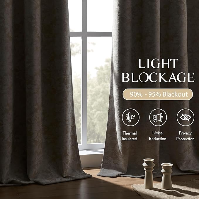 Beauoop Beige Floral Jacquard Blackout Curtains 96 Inches Long 2 Panels for Bedroom Living Room Chenille Flower Room Darkening Thermal Insulated Soundproof Rod Pocket Back Tab Window Drapes, 52x96