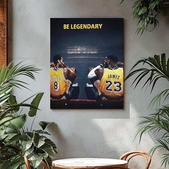 Kobe Bryant and LeBron James Canvas Wall Art Print Poster, Be Legendary Inspirational Sports Picture Artwork, Motivational Mamba Mentality Wall Decor for Home Office Gym Living Room, Framed 24x30inch